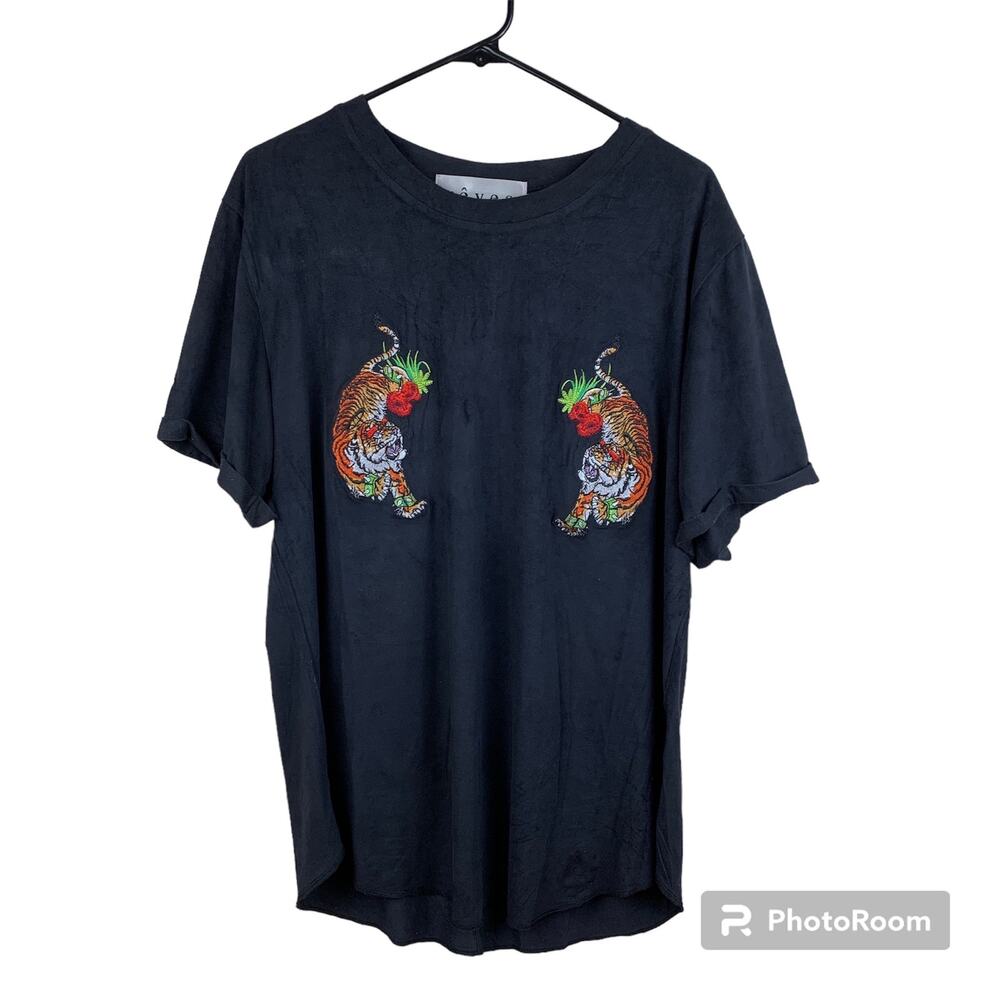 Reves Paris Embroidered Twin Tiger Black Tee Shirt Sz L